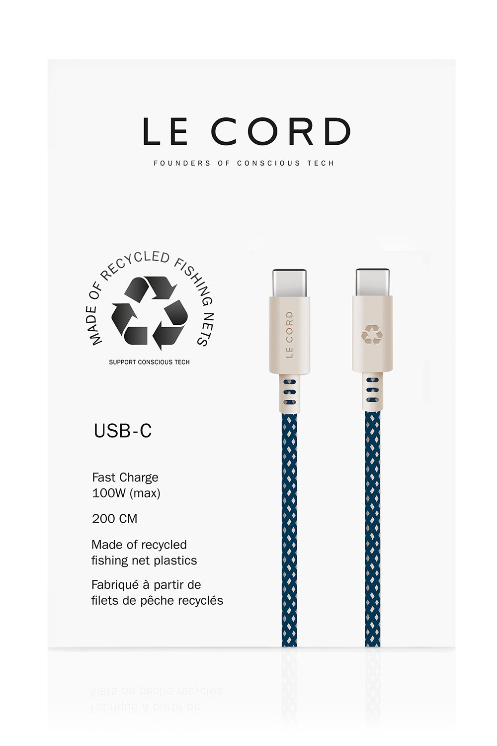 USB Sea Blue · Type C · 100W · 2 meter · Tillverkad av återvunna fisknät